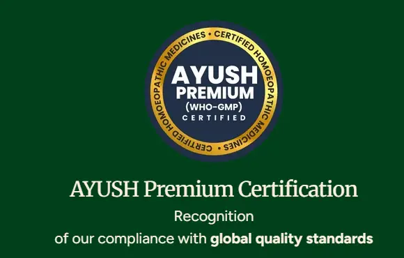 AYUSH Premium (WHO-GMP) Certification logo recognising global quality standards for homoeopathic medicines