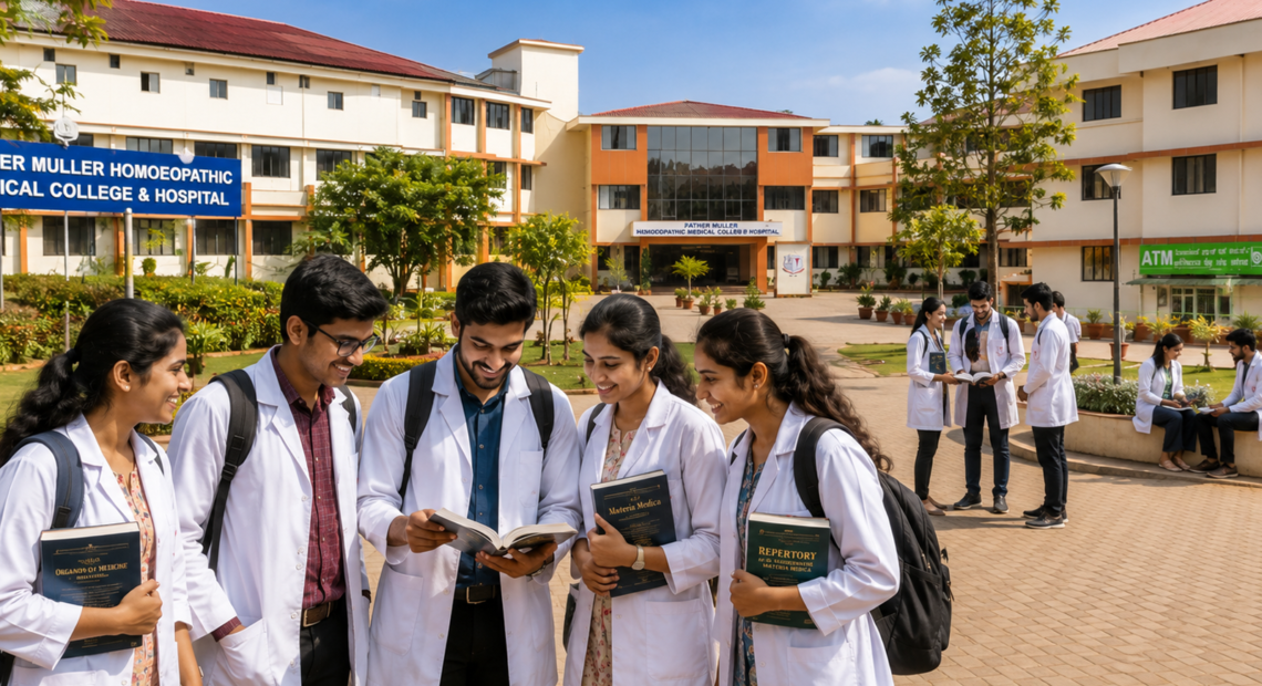 BHMS students in white coats walking inside the Father Muller Homoeopathic Medical College and Hospital campus in Mangalore, Karnataka.