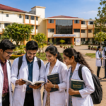 BHMS students in white coats walking inside the Father Muller Homoeopathic Medical College and Hospital campus in Mangalore, Karnataka.