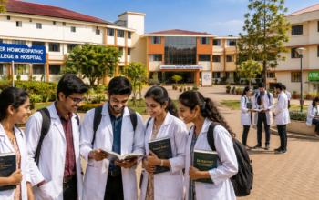 BHMS students in white coats walking inside the Father Muller Homoeopathic Medical College and Hospital campus in Mangalore, Karnataka.