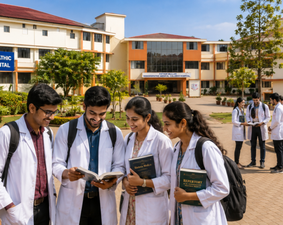 BHMS students in white coats walking inside the Father Muller Homoeopathic Medical College and Hospital campus in Mangalore, Karnataka.