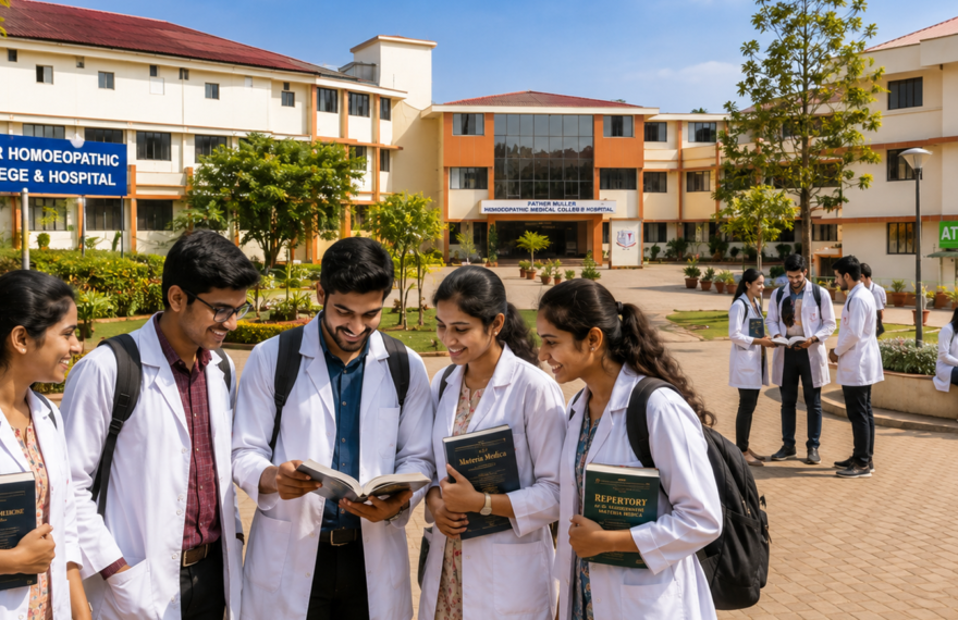 BHMS students in white coats walking inside the Father Muller Homoeopathic Medical College and Hospital campus in Mangalore, Karnataka.