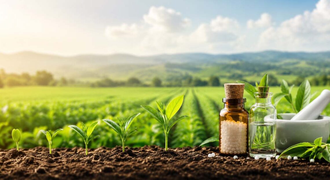 Agro-homeopathy concept showing healthy crop growth in a sustainable agricultural field with homeopathic preparations.