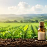 Agro-homeopathy concept showing healthy crop growth in a sustainable agricultural field with homeopathic preparations.