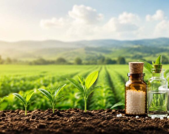 Agro-homeopathy concept showing healthy crop growth in a sustainable agricultural field with homeopathic preparations.