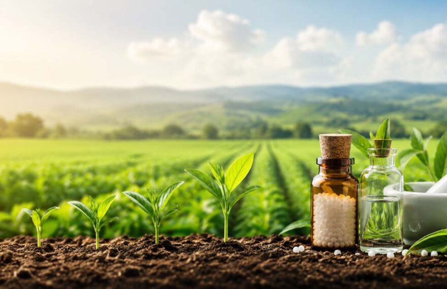Agro-homeopathy concept showing healthy crop growth in a sustainable agricultural field with homeopathic preparations.