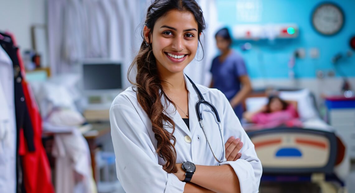 AYUSH medical student in clinical training wearing a white coat at hospital