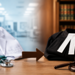 Conceptual image showing a registered medical practitioner transitioning from the medical profession to the legal profession as an advocate