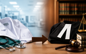 Conceptual image showing a registered medical practitioner transitioning from the medical profession to the legal profession as an advocate