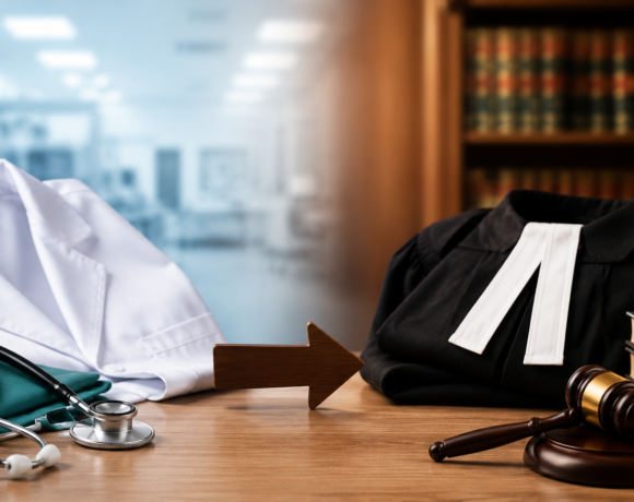 Conceptual image showing a registered medical practitioner transitioning from the medical profession to the legal profession as an advocate