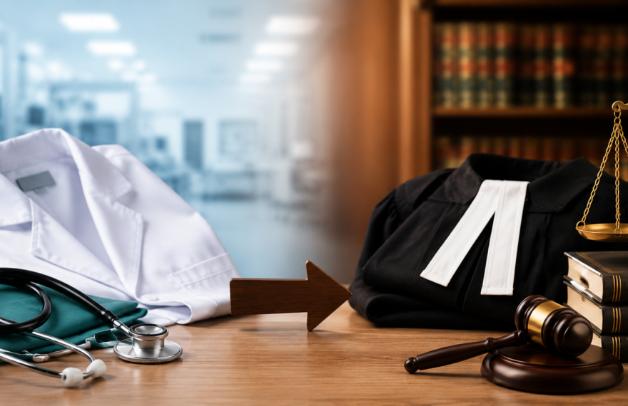 Conceptual image showing a registered medical practitioner transitioning from the medical profession to the legal profession as an advocate