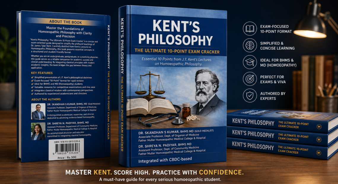 Wide promotional image of Kent's Philosophy: The Ultimate 10-Point Exam Cracker, featuring the front and back cover, highlighting its role as a concise study guide for BHMS and MD (Homoeopathy) students.