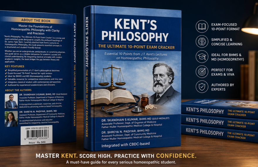 Wide promotional image of Kent's Philosophy: The Ultimate 10-Point Exam Cracker, featuring the front and back cover, highlighting its role as a concise study guide for BHMS and MD (Homoeopathy) students.