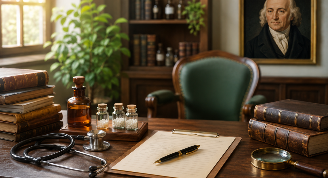 Case taking according to Hahnemann showing a physician's consultation desk with Organon books and homoeopathic instruments