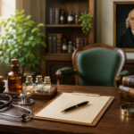 Case taking according to Hahnemann showing a physician's consultation desk with Organon books and homoeopathic instruments