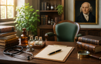 Case taking according to Hahnemann showing a physician's consultation desk with Organon books and homoeopathic instruments