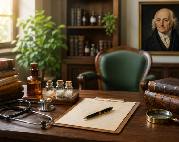 Case taking according to Hahnemann showing a physician's consultation desk with Organon books and homoeopathic instruments