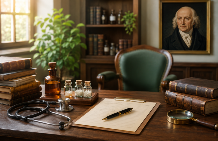 Case taking according to Hahnemann showing a physician's consultation desk with Organon books and homoeopathic instruments