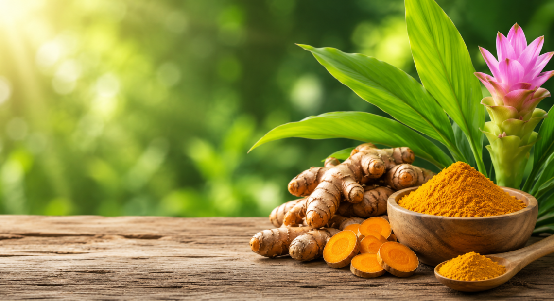 Curcuma longa (turmeric) rhizomes, powder, and flowering plant used in homoeopathic pharmacy and traditional medicine
