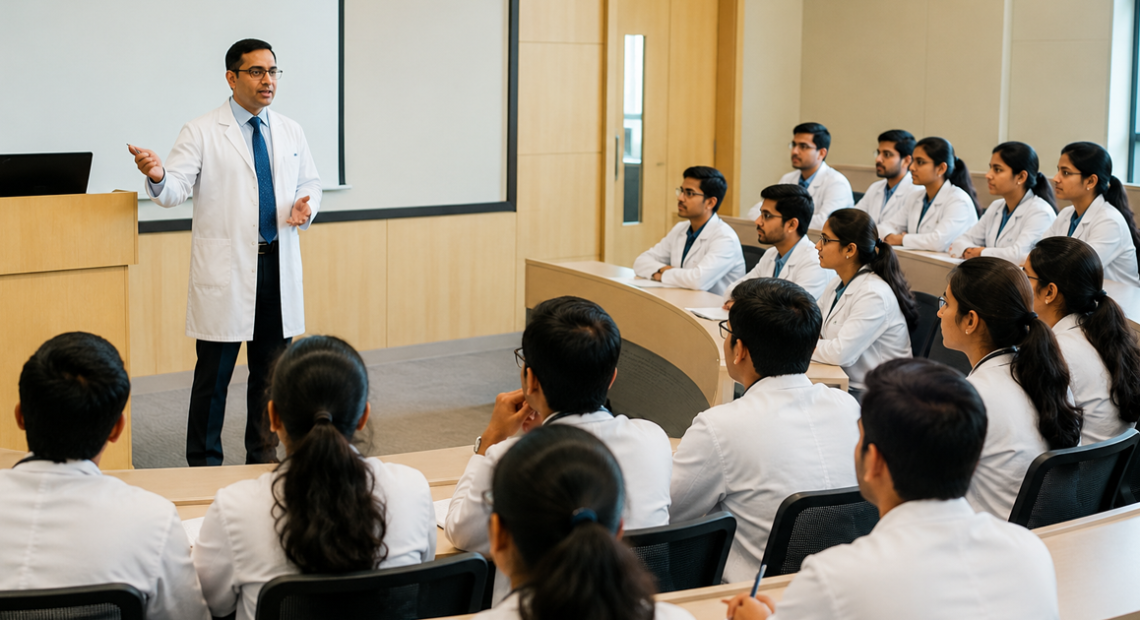 ESIC Mumbai Medical College faculty member delivering a lecture to medical students during a classroom session for the ESIC Recruitment 2026 announcement.