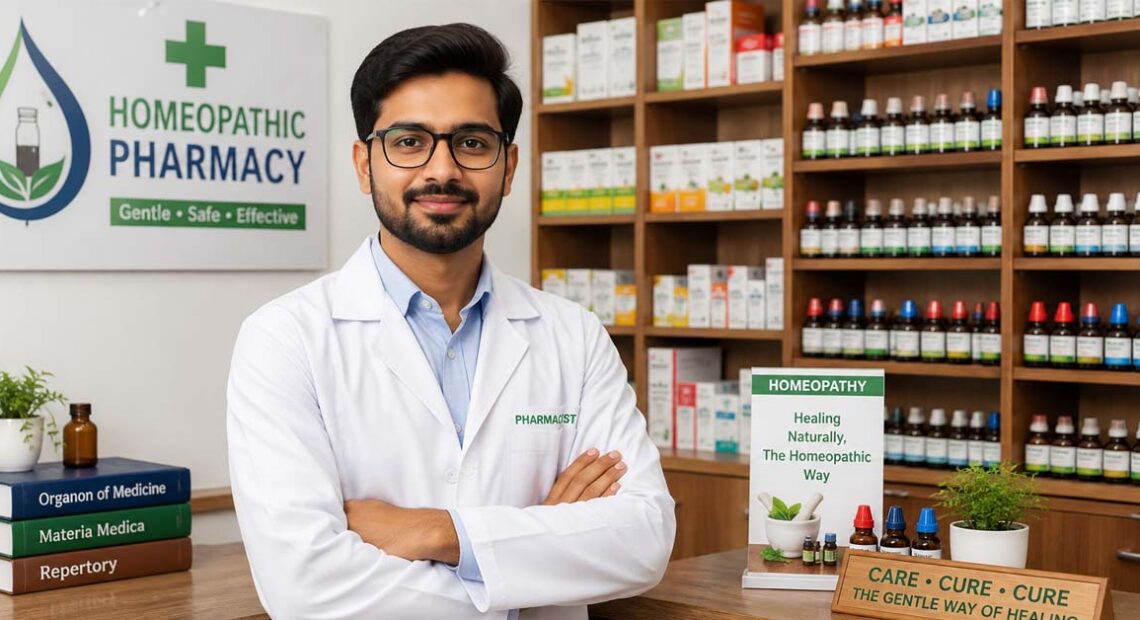 Pharmacist standing inside a homeopathic pharmacy for NIH Pharmacist Walk-in Recruitment 2026.