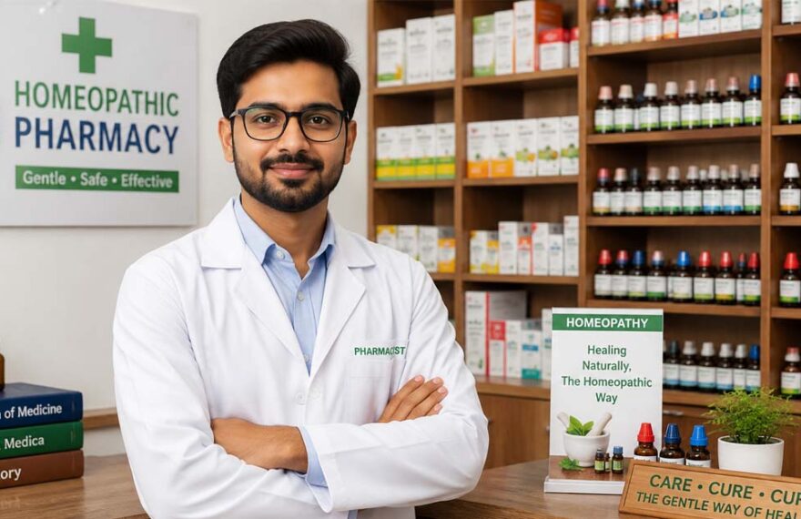 Pharmacist standing inside a homeopathic pharmacy for NIH Pharmacist Walk-in Recruitment 2026.