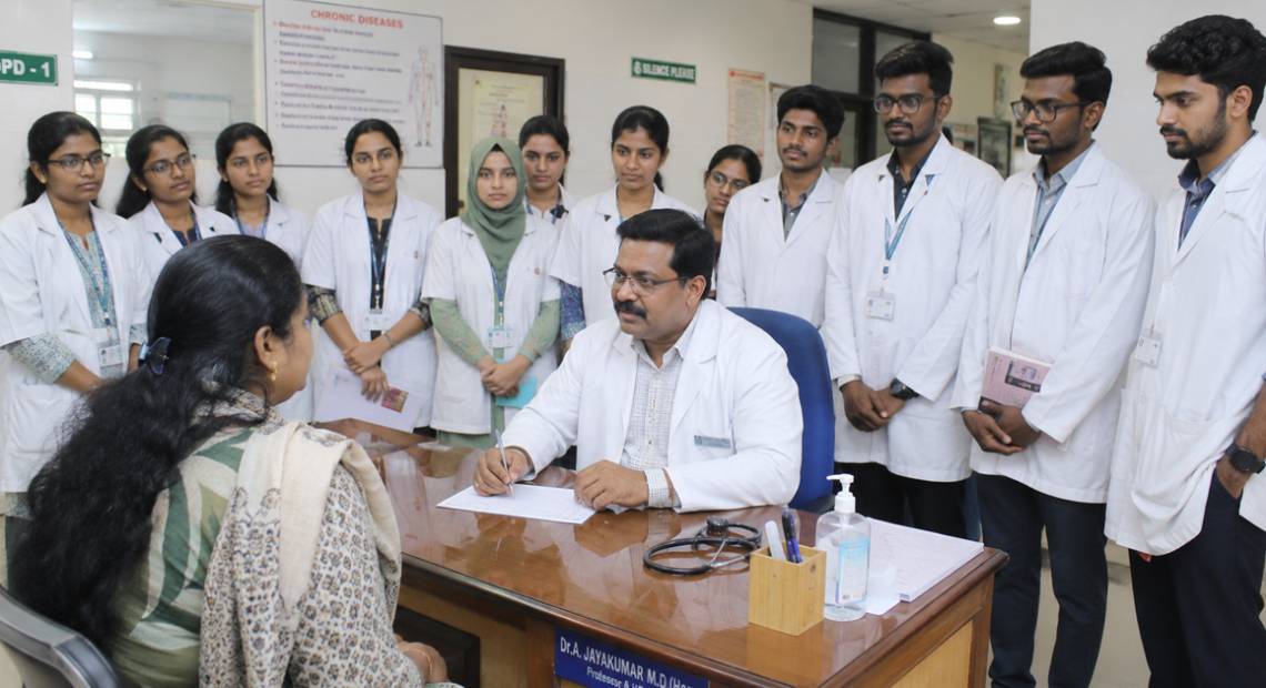 Medical students observing a faculty member during outpatient clinical training in a hospital OPD.