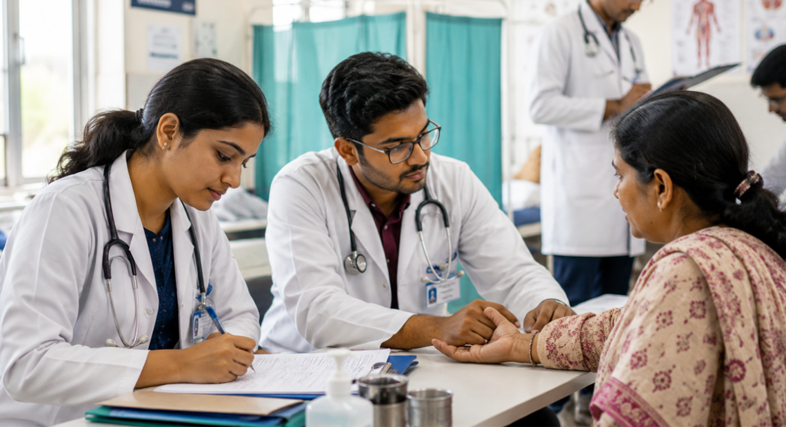 Intern doctors assessing a patient during clinical training at a teaching hospital for AIAPGET 2026 internship.