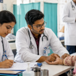 Intern doctors assessing a patient during clinical training at a teaching hospital for AIAPGET 2026 internship.