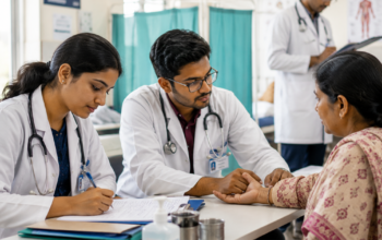 Intern doctors assessing a patient during clinical training at a teaching hospital for AIAPGET 2026 internship.