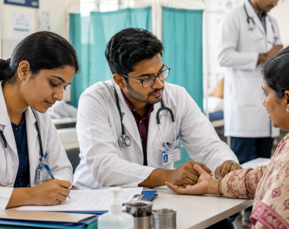 Intern doctors assessing a patient during clinical training at a teaching hospital for AIAPGET 2026 internship.