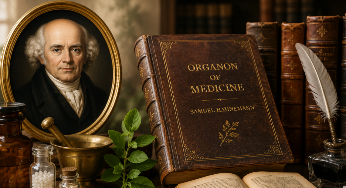 Vintage illustration featuring Samuel Hahnemann, the Organon of Medicine book, homeopathic medicine bottles, and antique medical instruments on a wooden desk.