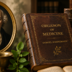 Vintage illustration featuring Samuel Hahnemann, the Organon of Medicine book, homeopathic medicine bottles, and antique medical instruments on a wooden desk.
