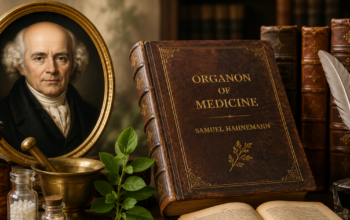 Vintage illustration featuring Samuel Hahnemann, the Organon of Medicine book, homeopathic medicine bottles, and antique medical instruments on a wooden desk.