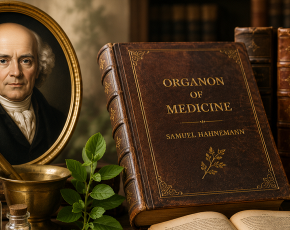 Vintage illustration featuring Samuel Hahnemann, the Organon of Medicine book, homeopathic medicine bottles, and antique medical instruments on a wooden desk.