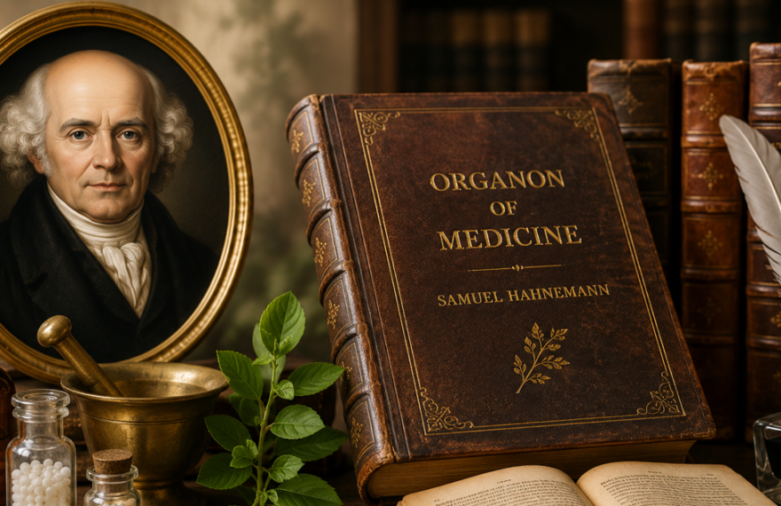 Vintage illustration featuring Samuel Hahnemann, the Organon of Medicine book, homeopathic medicine bottles, and antique medical instruments on a wooden desk.