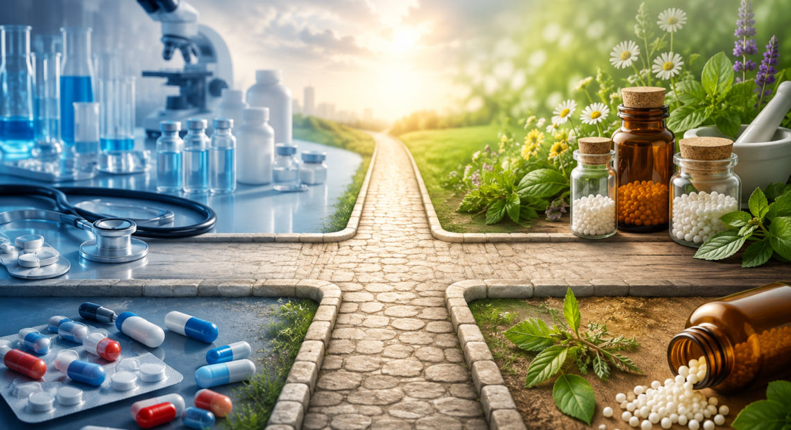 Conceptual crossroads showing modern medicine and homeopathy