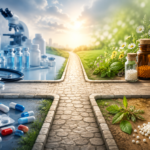 Conceptual crossroads showing modern medicine and homeopathy