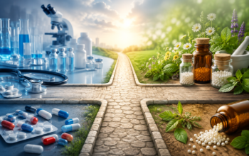 Conceptual crossroads showing modern medicine and homeopathy