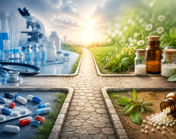 Conceptual crossroads showing modern medicine and homeopathy