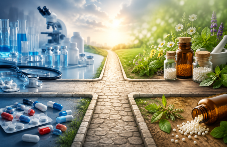 Conceptual crossroads showing modern medicine and homeopathy