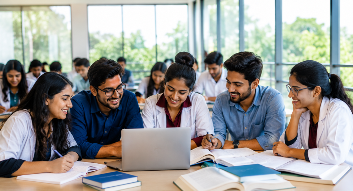 Master of Public Health (MPH) students studying together in a modern classroom with a laptop and books.