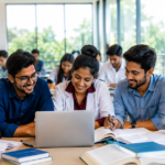 Master of Public Health (MPH) students studying together in a modern classroom with a laptop and books.