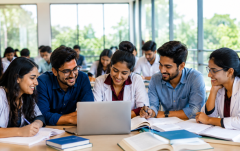 Master of Public Health (MPH) students studying together in a modern classroom with a laptop and books.