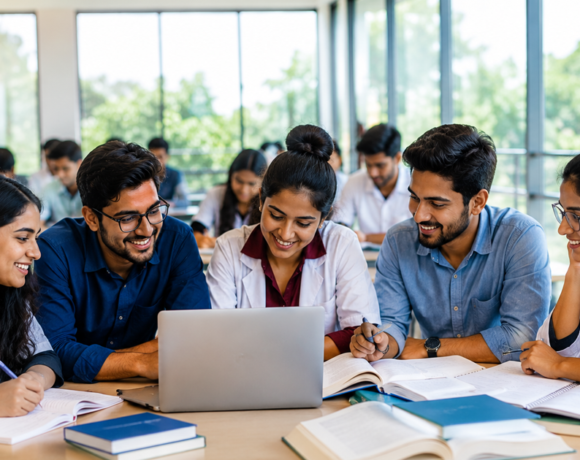 Master of Public Health (MPH) students studying together in a modern classroom with a laptop and books.