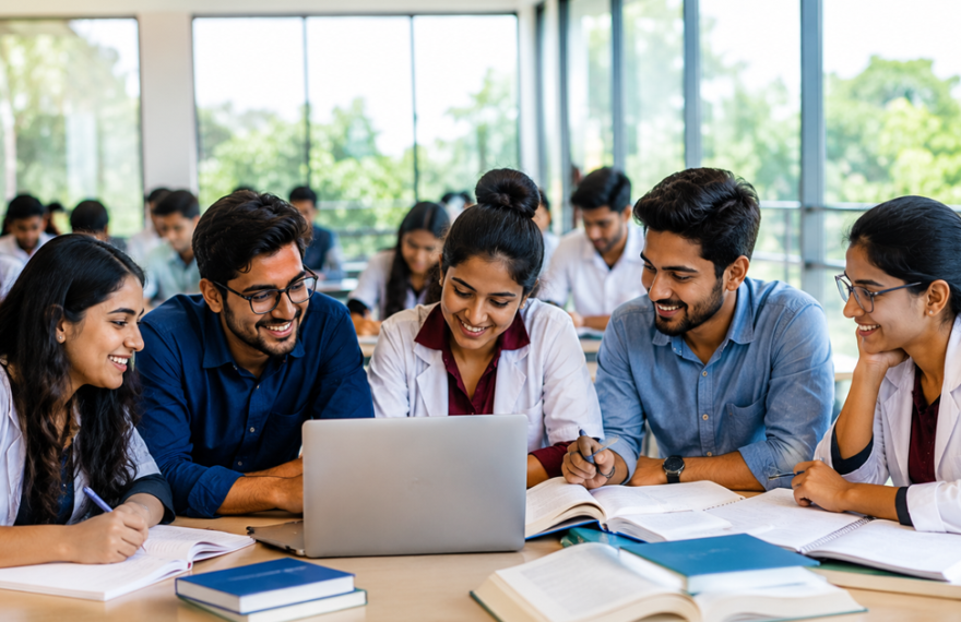 Master of Public Health (MPH) students studying together in a modern classroom with a laptop and books.