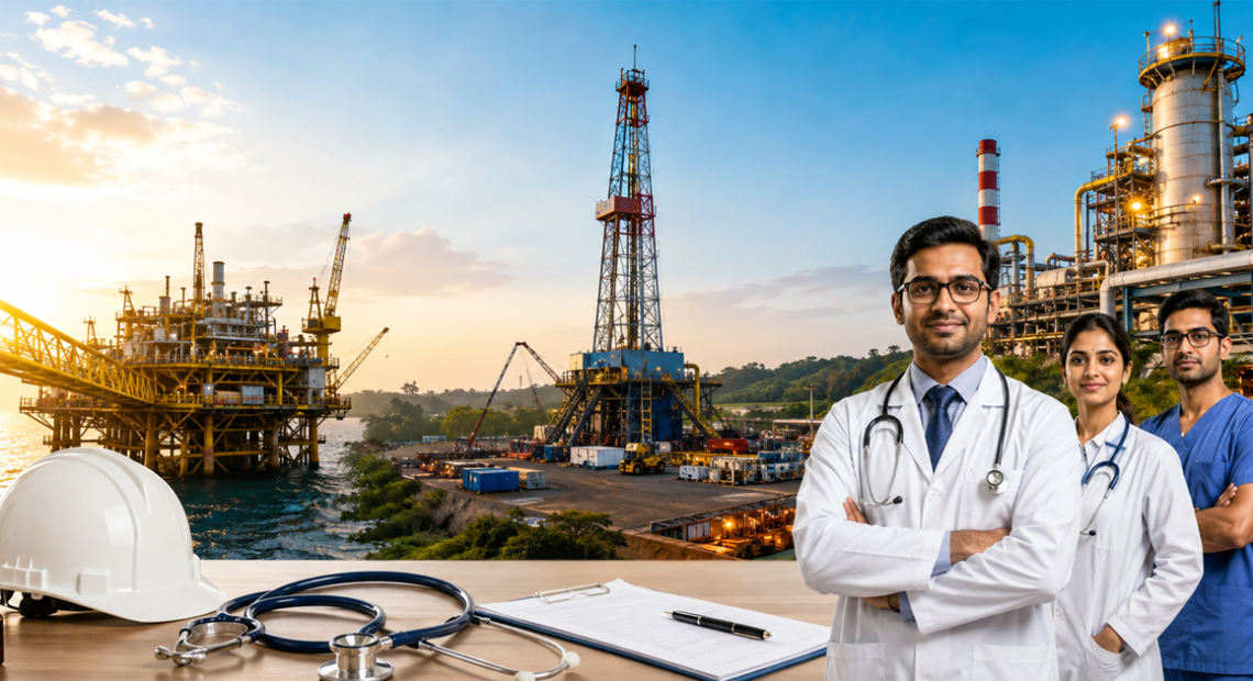 ONGC Medical Officer recruitment featuring healthcare professionals and oil and gas facilities