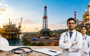 ONGC Medical Officer recruitment featuring healthcare professionals and oil and gas facilities