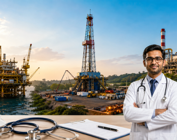 ONGC Medical Officer recruitment featuring healthcare professionals and oil and gas facilities
