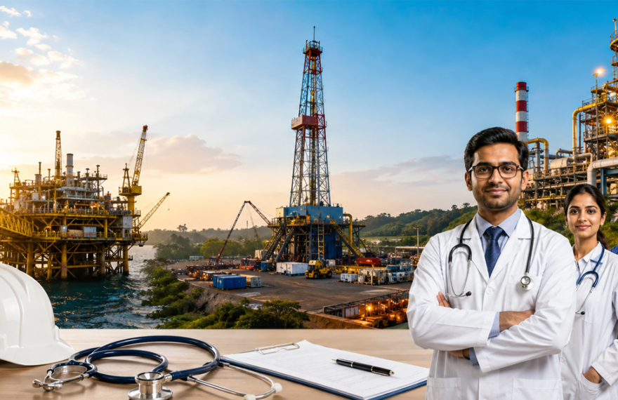 ONGC Medical Officer recruitment featuring healthcare professionals and oil and gas facilities